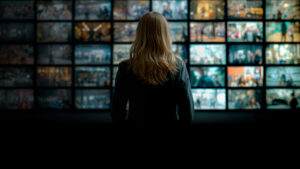 Women facing TV screen in news cabin