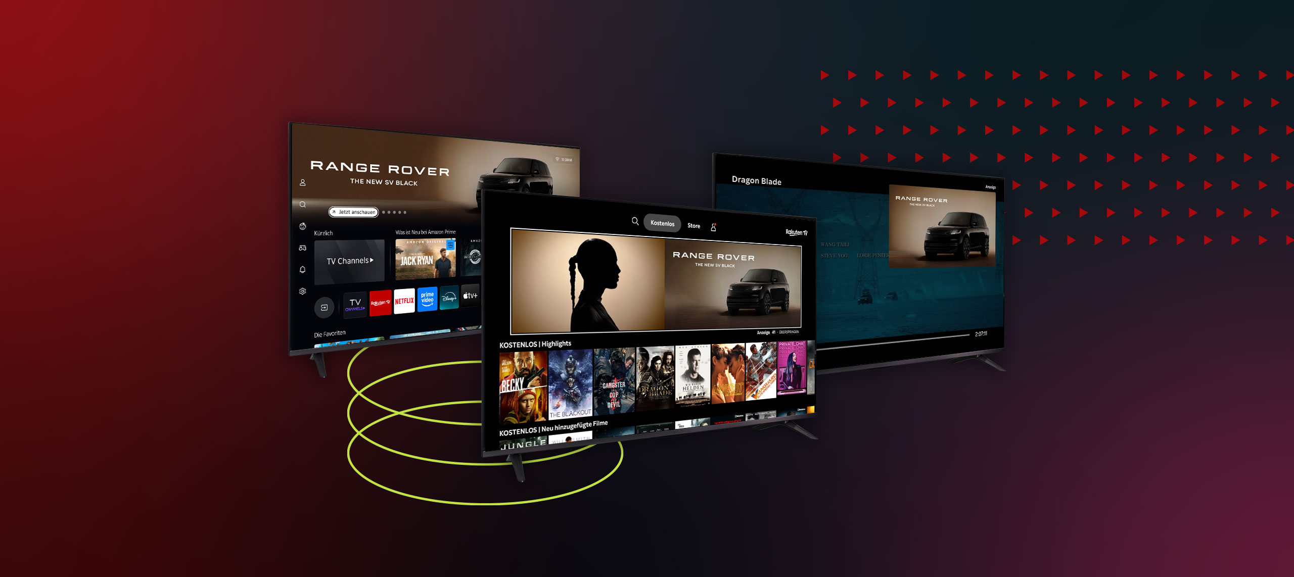 Three TVs showing homescreen, in-app billboard and pause ad placements on Rakuten TV Enterprise